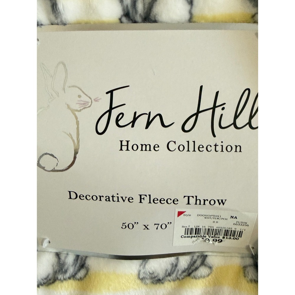 Fern Hill Home Collection Bunny Rabbit Fleece Throw Blanket Yellow White 50x70 - Picture 2 of 6